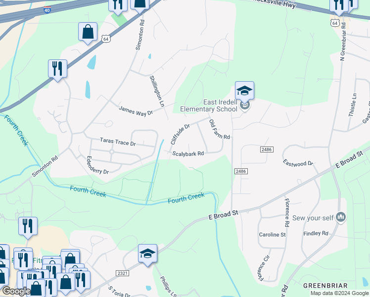 map of restaurants, bars, coffee shops, grocery stores, and more near 607 Pebblestone Court in Statesville
