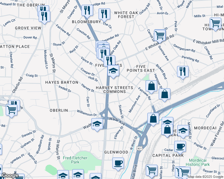 map of restaurants, bars, coffee shops, grocery stores, and more near 1610 Glenwood Avenue in Raleigh