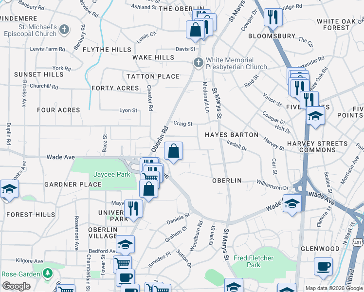 map of restaurants, bars, coffee shops, grocery stores, and more near 1820 Wilshire Avenue in Raleigh