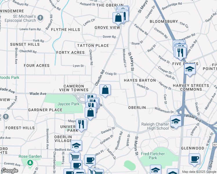 map of restaurants, bars, coffee shops, grocery stores, and more near 1822 Arlington Street in Raleigh