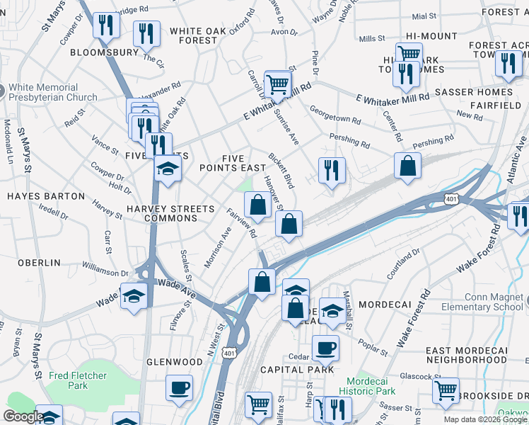map of restaurants, bars, coffee shops, grocery stores, and more near 1506 Greenwood Street in Raleigh