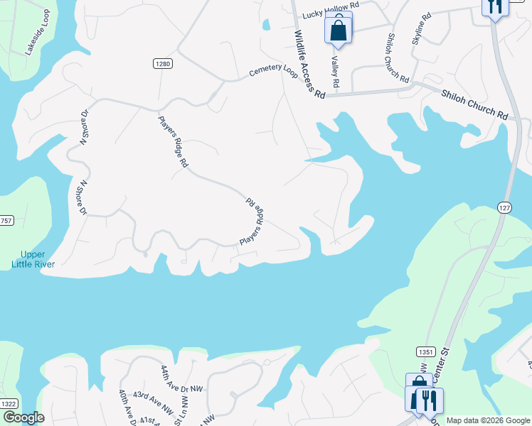 map of restaurants, bars, coffee shops, grocery stores, and more near 678 Players Ridge Road in Hickory