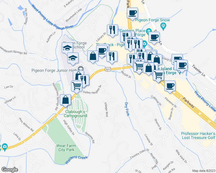 map of restaurants, bars, coffee shops, grocery stores, and more near 346 Big Bear Way in Pigeon Forge