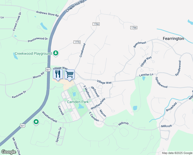 map of restaurants, bars, coffee shops, grocery stores, and more near 205 Weatherbend in Pittsboro