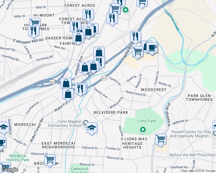 map of restaurants, bars, coffee shops, grocery stores, and more near 1732 Capital Boulevard in Raleigh