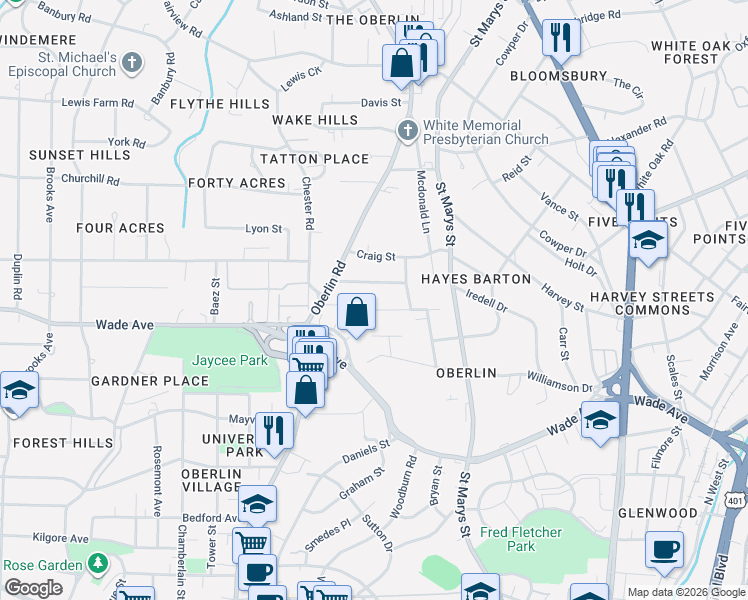 map of restaurants, bars, coffee shops, grocery stores, and more near 1820 Wilshire Avenue in Raleigh