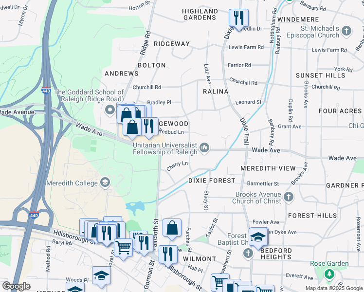 map of restaurants, bars, coffee shops, grocery stores, and more near 3408 Wade Avenue in Raleigh