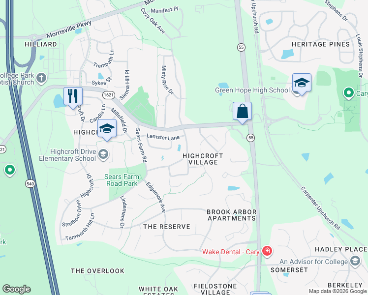 map of restaurants, bars, coffee shops, grocery stores, and more near 917 Lemster Lane in Cary