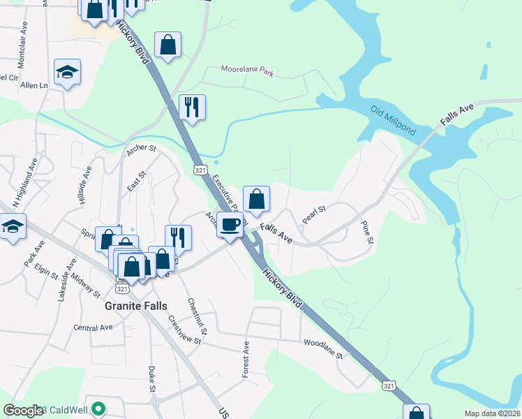 map of restaurants, bars, coffee shops, grocery stores, and more near 11 Cedar St in Granite Falls