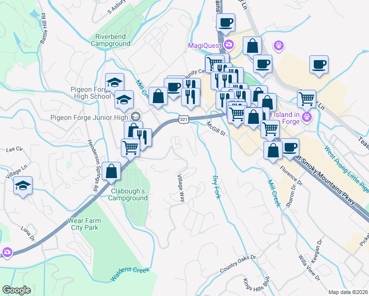map of restaurants, bars, coffee shops, grocery stores, and more near 410 Big Bear Way in Pigeon Forge