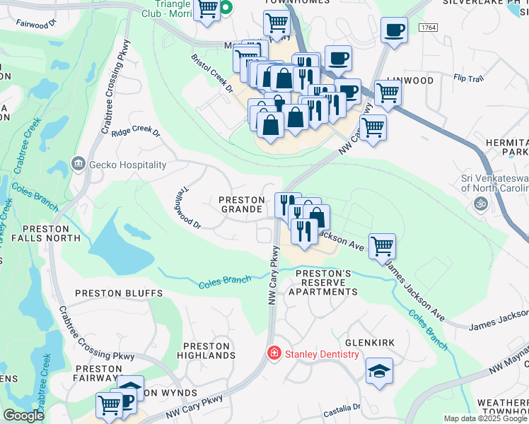 map of restaurants, bars, coffee shops, grocery stores, and more near 103 Grande Drive in Morrisville
