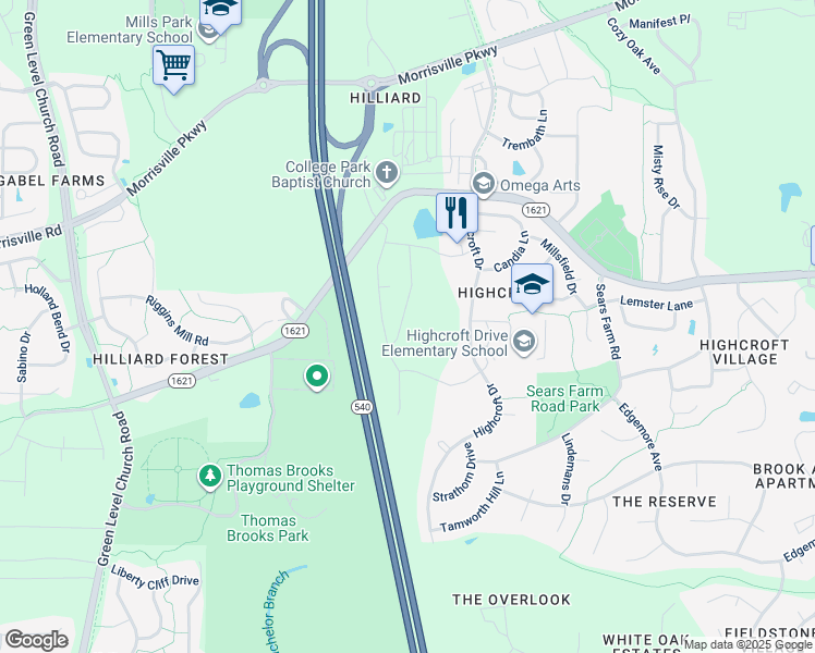 map of restaurants, bars, coffee shops, grocery stores, and more near 625 Rockcastle Drive in Cary