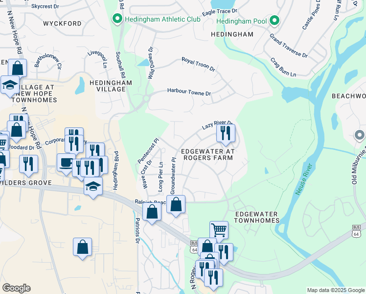 map of restaurants, bars, coffee shops, grocery stores, and more near 2206 Lazy River Drive in Raleigh