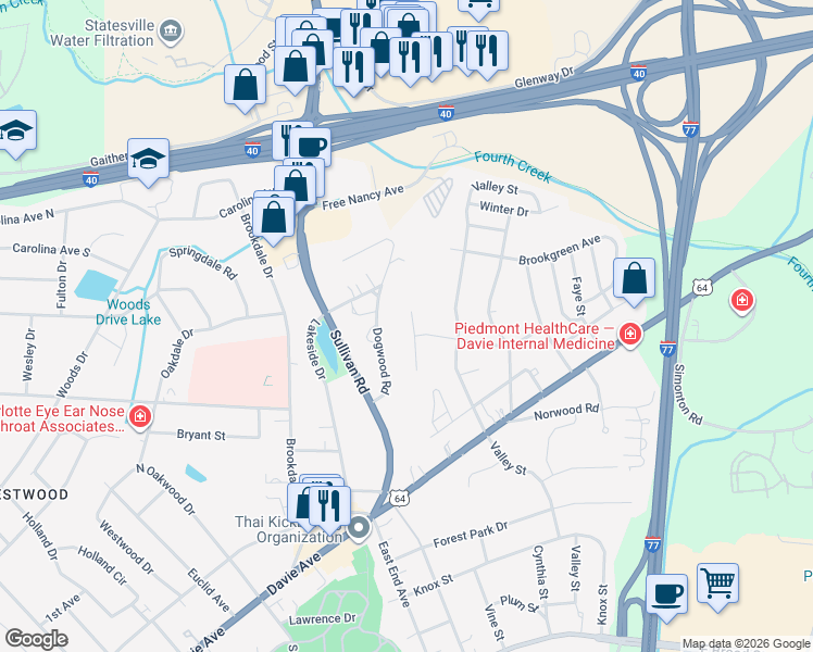 map of restaurants, bars, coffee shops, grocery stores, and more near 582 Dogwood Road in Statesville