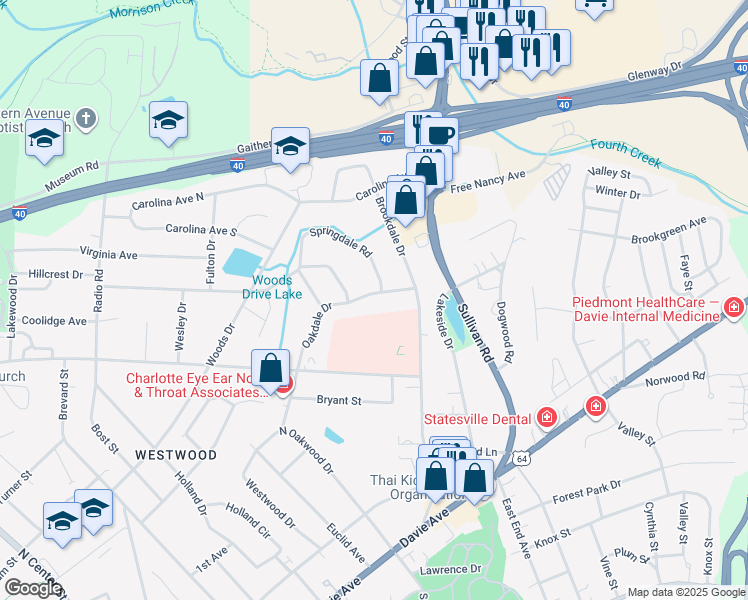 map of restaurants, bars, coffee shops, grocery stores, and more near 803 Oakdale Drive in Statesville