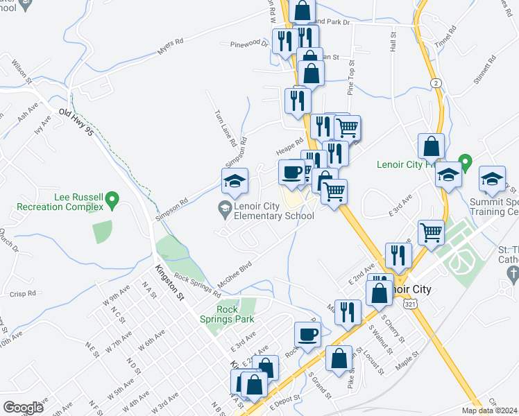 map of restaurants, bars, coffee shops, grocery stores, and more near 200 Kelly Lane in Lenoir City