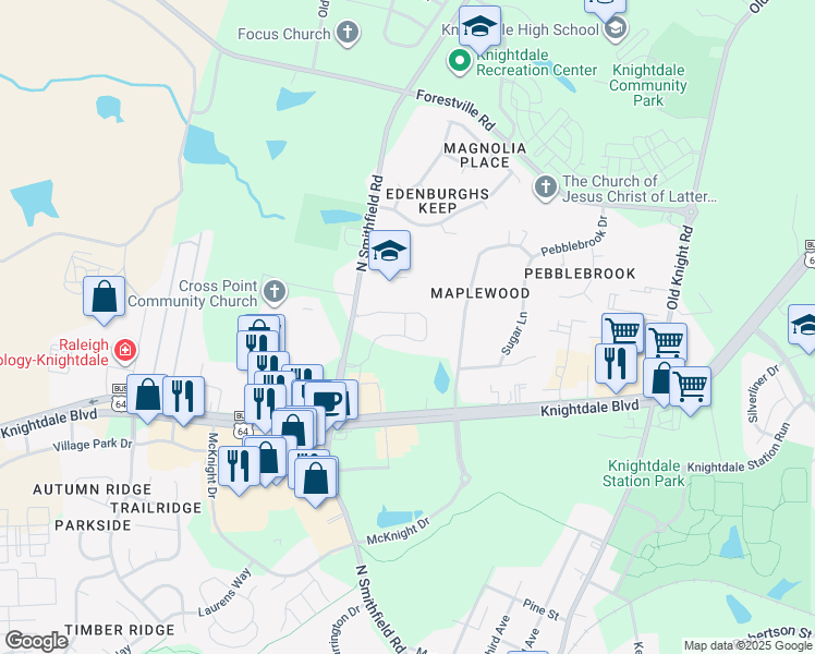 map of restaurants, bars, coffee shops, grocery stores, and more near 1201 Aragon Drive in Knightdale