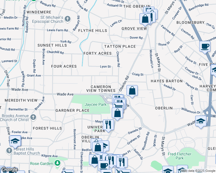map of restaurants, bars, coffee shops, grocery stores, and more near 1409 Canfield Court in Raleigh