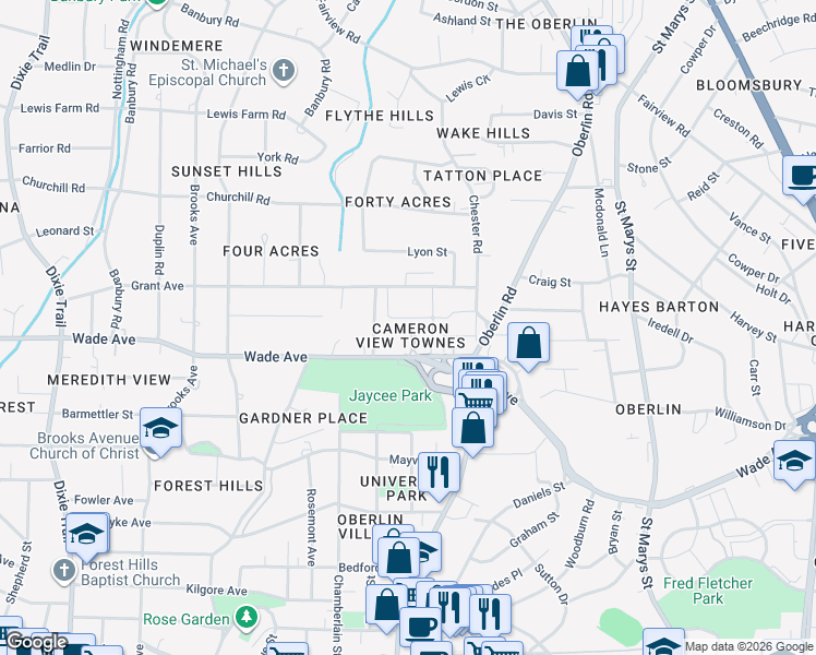 map of restaurants, bars, coffee shops, grocery stores, and more near 2375 McMullan Circle in Raleigh