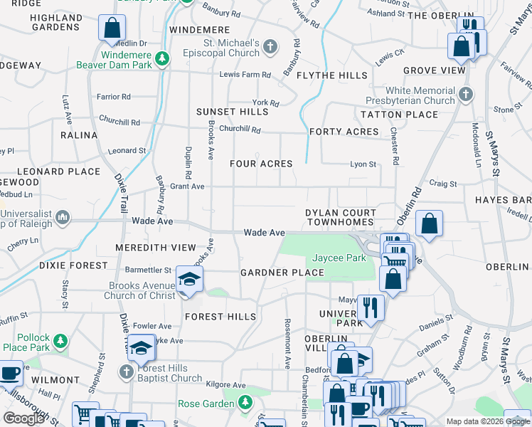 map of restaurants, bars, coffee shops, grocery stores, and more near 2616 Wells Avenue in Raleigh