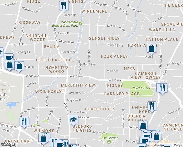 map of restaurants, bars, coffee shops, grocery stores, and more near 1220 Duplin Road in Raleigh