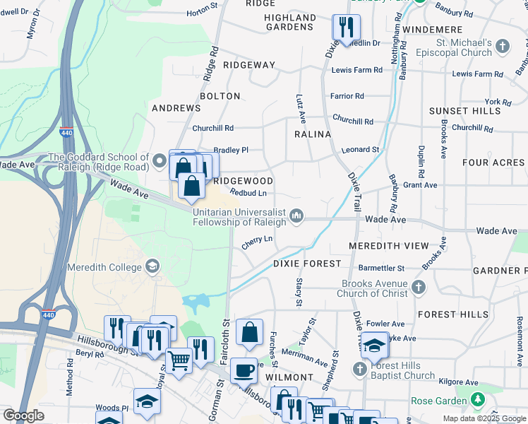 map of restaurants, bars, coffee shops, grocery stores, and more near 3408 Wade Avenue in Raleigh
