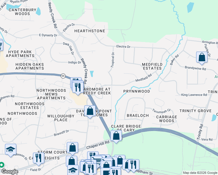 map of restaurants, bars, coffee shops, grocery stores, and more near 1500 Princess Anne Road in Raleigh