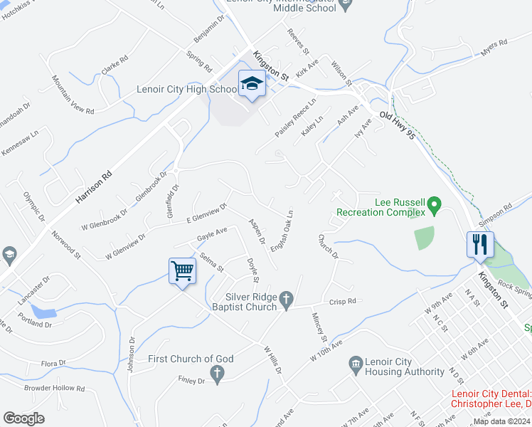 map of restaurants, bars, coffee shops, grocery stores, and more near 173 Harrison Road in Lenoir City