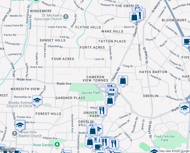 map of restaurants, bars, coffee shops, grocery stores, and more near 2375 McMullan Circle in Raleigh