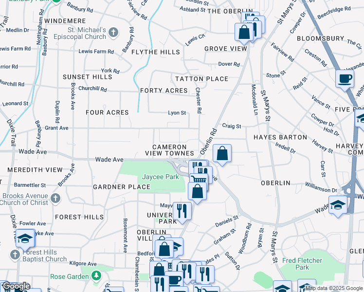 map of restaurants, bars, coffee shops, grocery stores, and more near 1409 Canfield Court in Raleigh