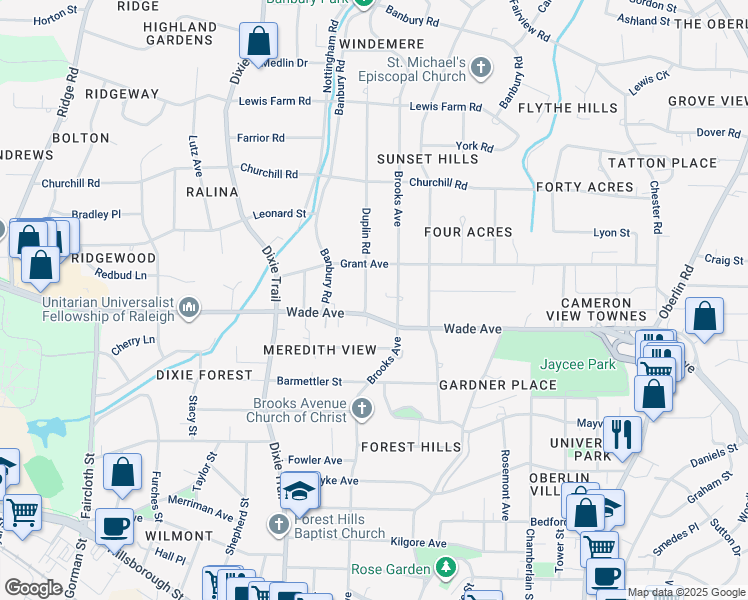 map of restaurants, bars, coffee shops, grocery stores, and more near 1220 Duplin Road in Raleigh
