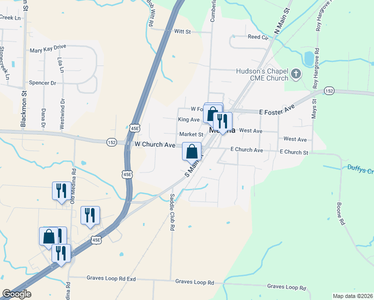 map of restaurants, bars, coffee shops, grocery stores, and more near 215 West Church Avenue in Medina