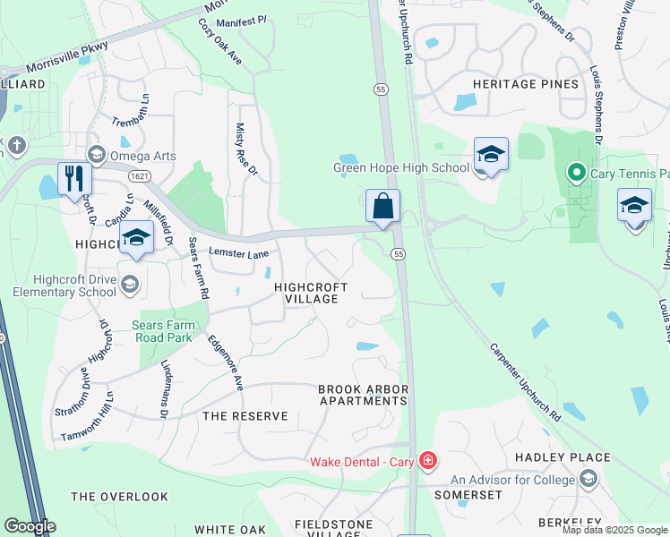 map of restaurants, bars, coffee shops, grocery stores, and more near 3421 Rockland Ridge Drive in Cary