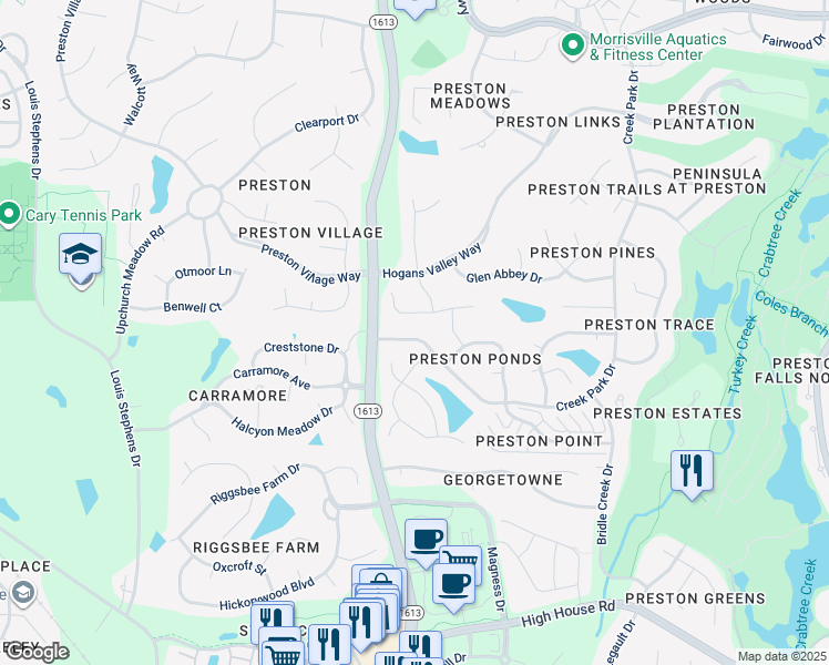 map of restaurants, bars, coffee shops, grocery stores, and more near 109 Creek Park Drive in Cary