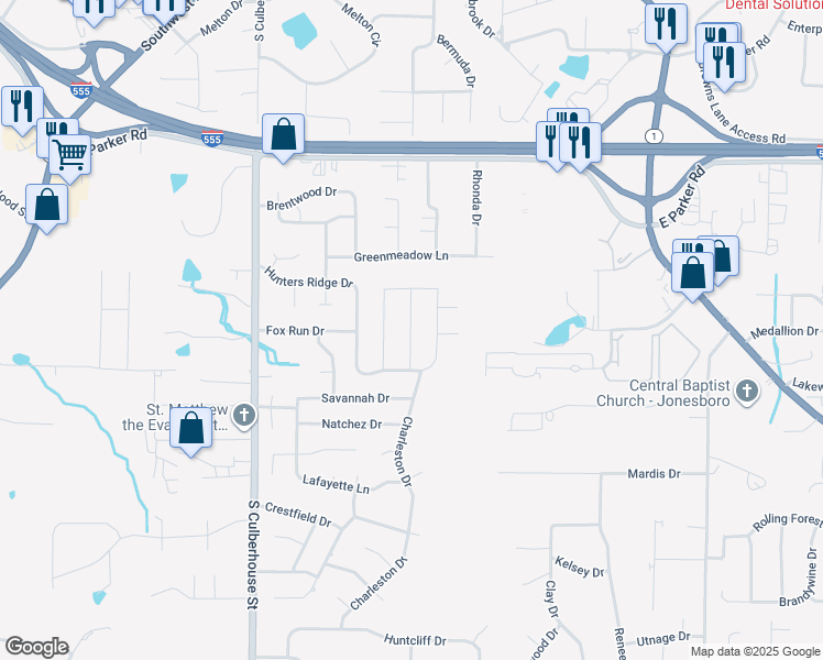 map of restaurants, bars, coffee shops, grocery stores, and more near 432 Copperstone Drive in Jonesboro