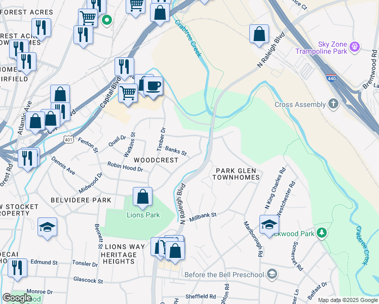 map of restaurants, bars, coffee shops, grocery stores, and more near 527 Banks Street in Raleigh