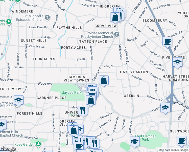 map of restaurants, bars, coffee shops, grocery stores, and more near 1333 Chester Road in Raleigh