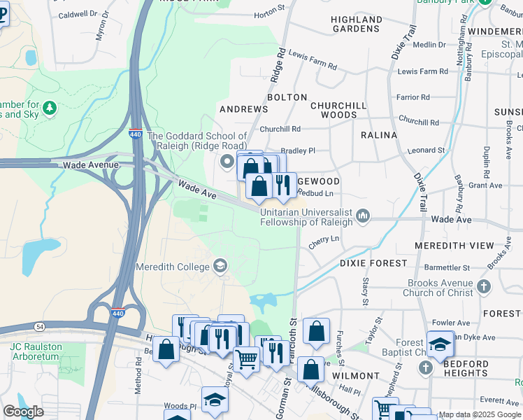 map of restaurants, bars, coffee shops, grocery stores, and more near 3520 Wade Avenue in Raleigh