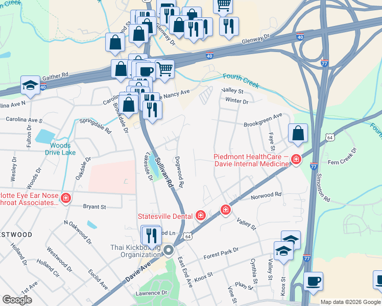 map of restaurants, bars, coffee shops, grocery stores, and more near 582 Dogwood Road in Statesville