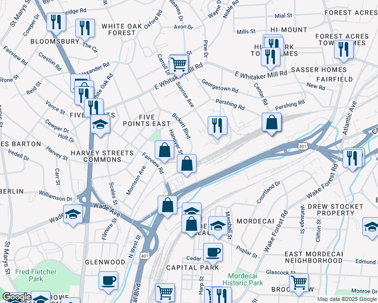 map of restaurants, bars, coffee shops, grocery stores, and more near 1611 Bickett Boulevard in Raleigh