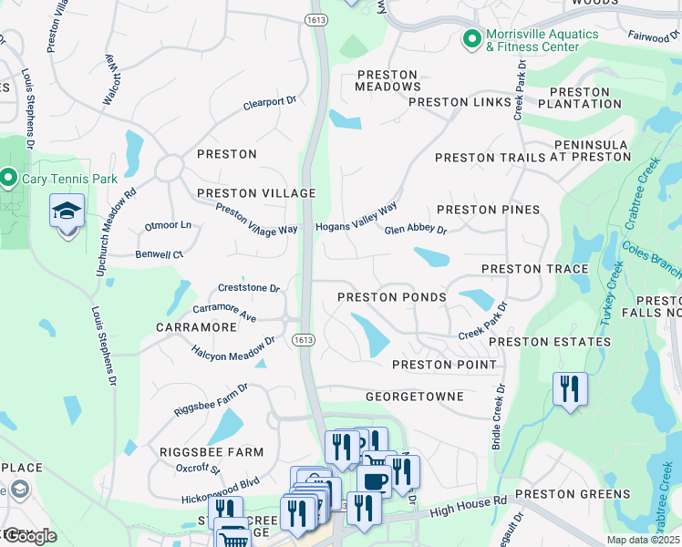 map of restaurants, bars, coffee shops, grocery stores, and more near 109 Creek Park Drive in Cary