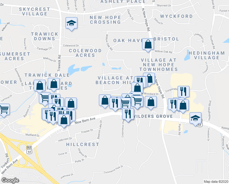 map of restaurants, bars, coffee shops, grocery stores, and more near 1340 Beacon Village Drive in Raleigh