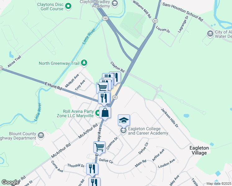 map of restaurants, bars, coffee shops, grocery stores, and more near 2917 Old Knoxville Highway in Maryville
