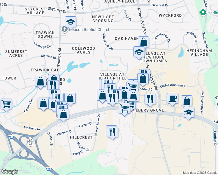 map of restaurants, bars, coffee shops, grocery stores, and more near 1328 Beacon Village Drive in Raleigh