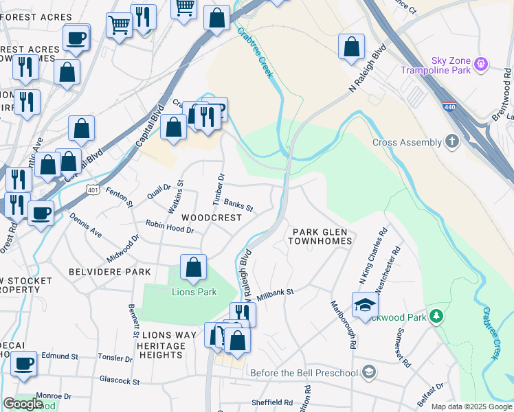 map of restaurants, bars, coffee shops, grocery stores, and more near 527 Banks Street in Raleigh