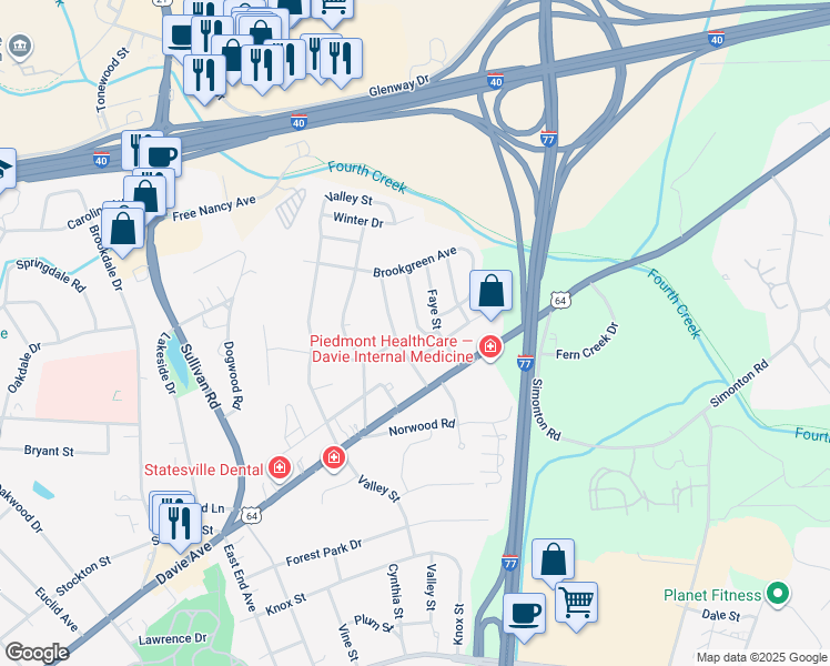 map of restaurants, bars, coffee shops, grocery stores, and more near 913 Ashland Ave in Statesville