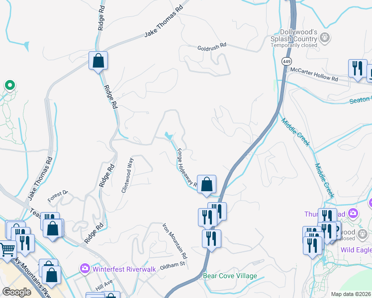 map of restaurants, bars, coffee shops, grocery stores, and more near 3225 Forge Hideaway Road in Pigeon Forge