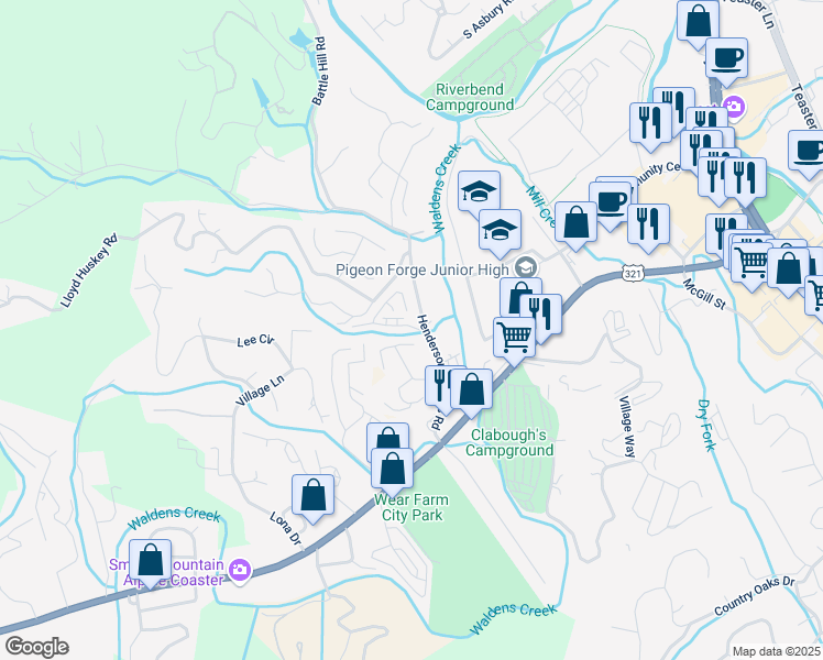 map of restaurants, bars, coffee shops, grocery stores, and more near 622 Cherry Blossom Way in Pigeon Forge