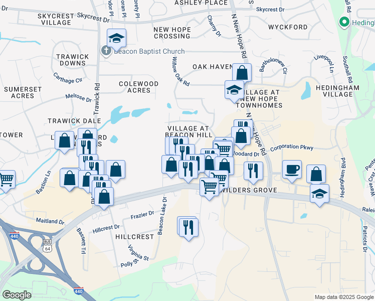 map of restaurants, bars, coffee shops, grocery stores, and more near 1340 Beacon Village Drive in Raleigh