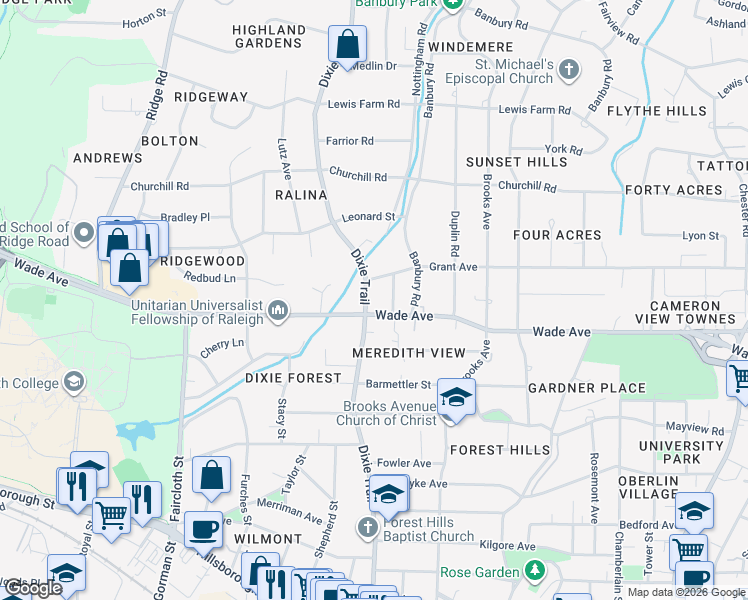 map of restaurants, bars, coffee shops, grocery stores, and more near 901 Dixie Trail in Raleigh